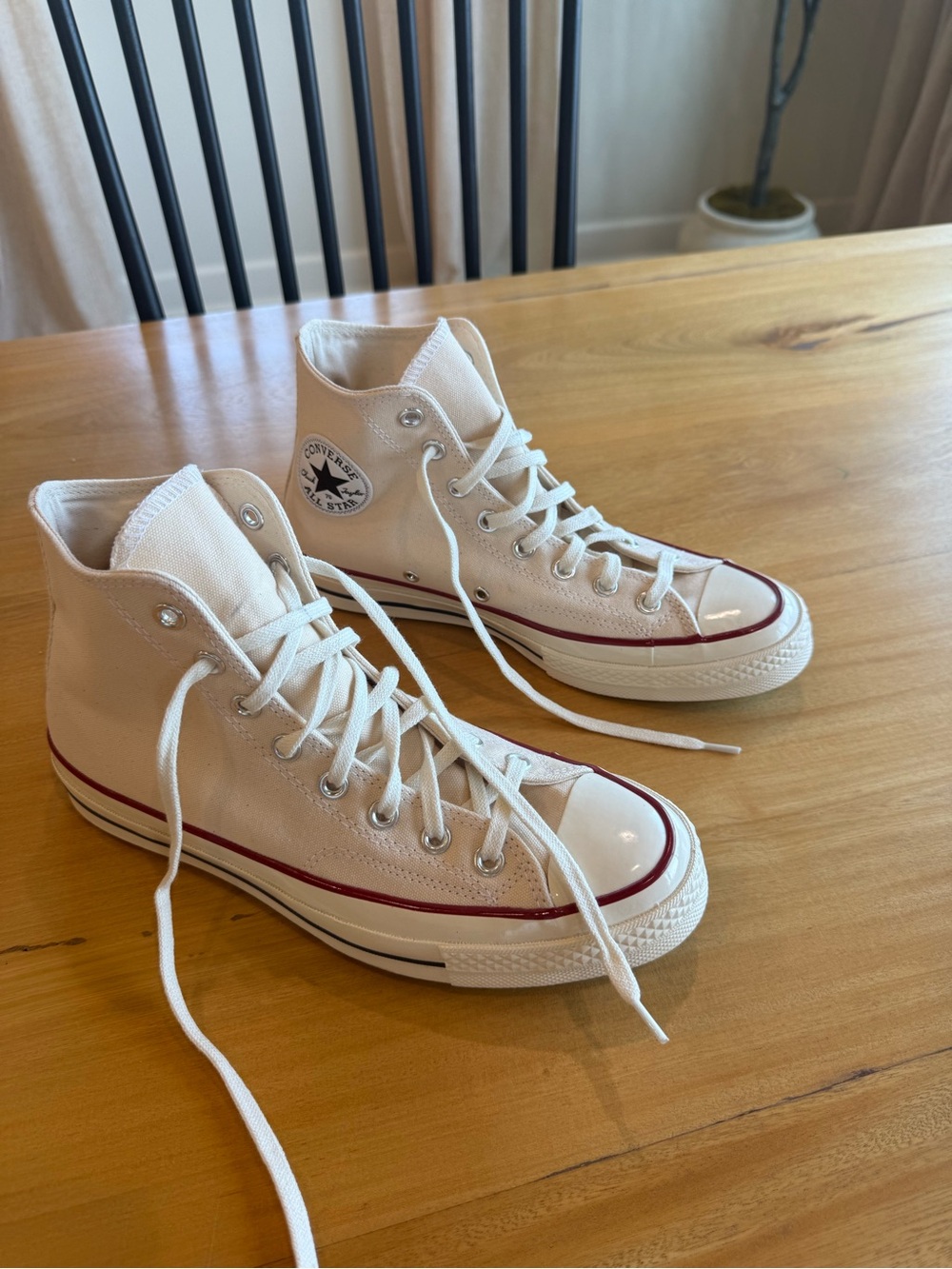 Classic High-Top Canvas Sneakers in Cream with Red Stripe